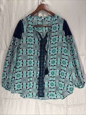 EST 1946 Cato Turquoise Blue Boho Lace Trim Peasant Blouse Plus Size 18/20W FLAW